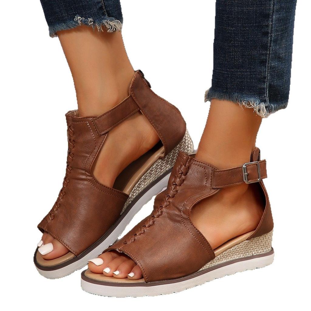 Foreign Trade Women's Shoes Rear Zipper Buckle Fish Mouth Wedge Heel Platform Sandals European and American Foreign Trade Hollow Buckle Open-toed Sand
