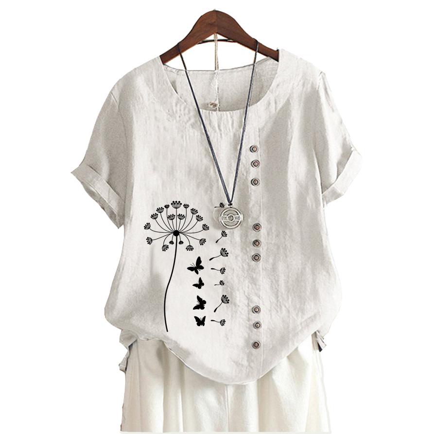 Женская модная хлопковая льняная блузка на лето и осень с круглым вырезом и коротким рукавом, повседневная свободная футболка с цветочным принтом