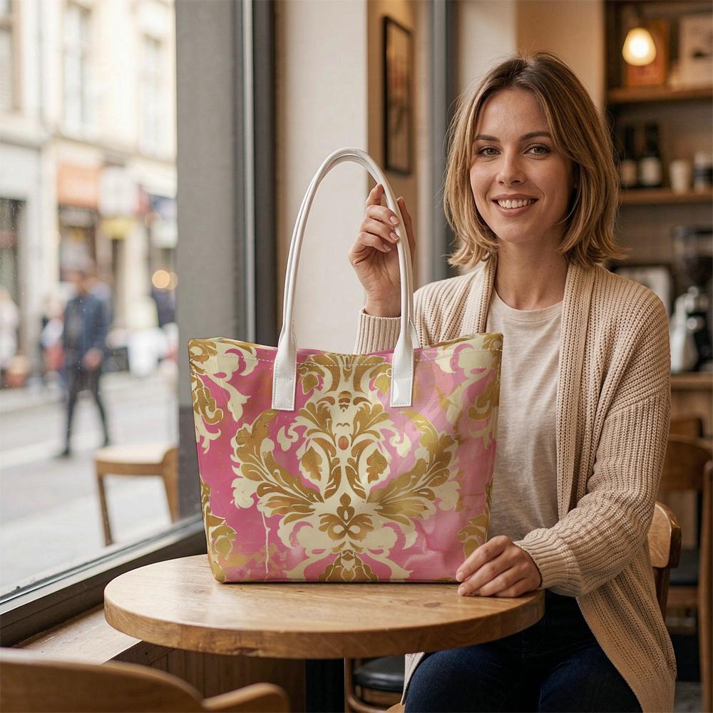 Pink Gold Damask Print Tote Bag
