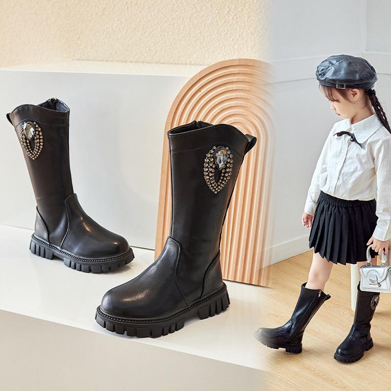 Сапоги для девочек теплые 2024 года, новые осенне-зимние модные детские универсальные нескользящие высокие сапоги со стразами для подиума, детские дышащие сапоги из искусственной кожи
