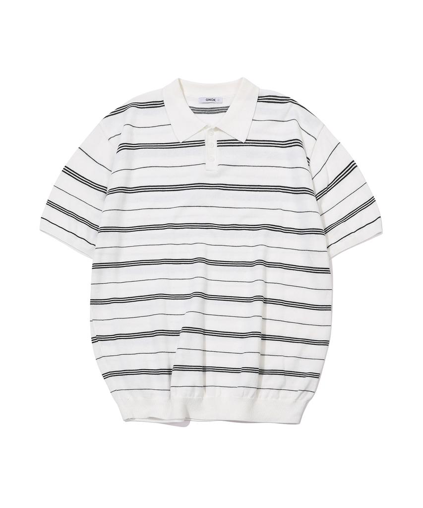 GNOK Striped Henley Neck Short Sleeve Knit [4 Colors]