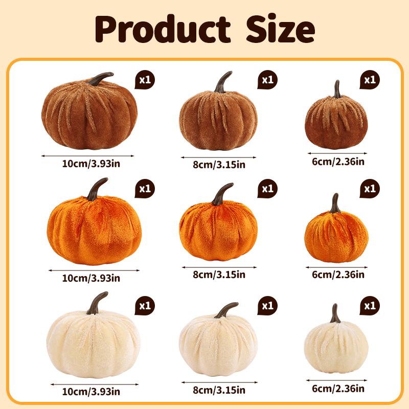 9pcs Velvet Artificial Pumpkins 3 Size Mixed for Halloween Party Thanksgiving Home Table Decoration Autumn Fall DIY Craft Wreath