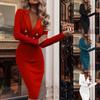 Autumn And Winter Solid V-neck Double Breasted Suit Hip Wrap Dress Women