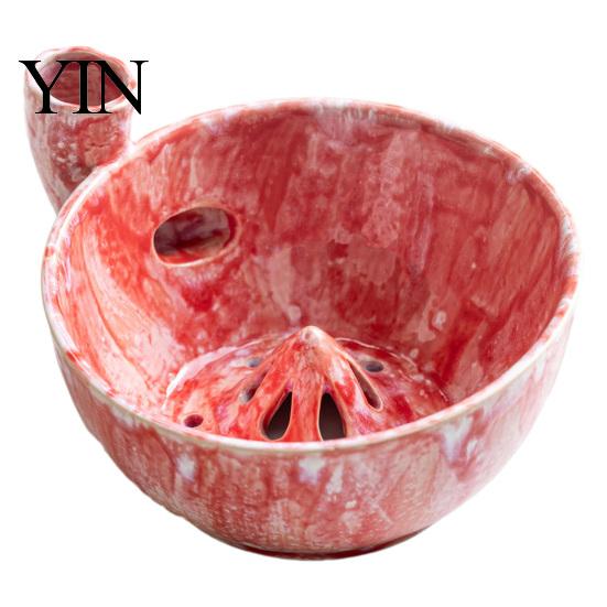 Fruit Preservation Bowl Ceramic Berry Washing with Drainage Holes, Multifunctional Kitchen Strainer Colander Basin, Swirl Design Vegetable Rinsing for