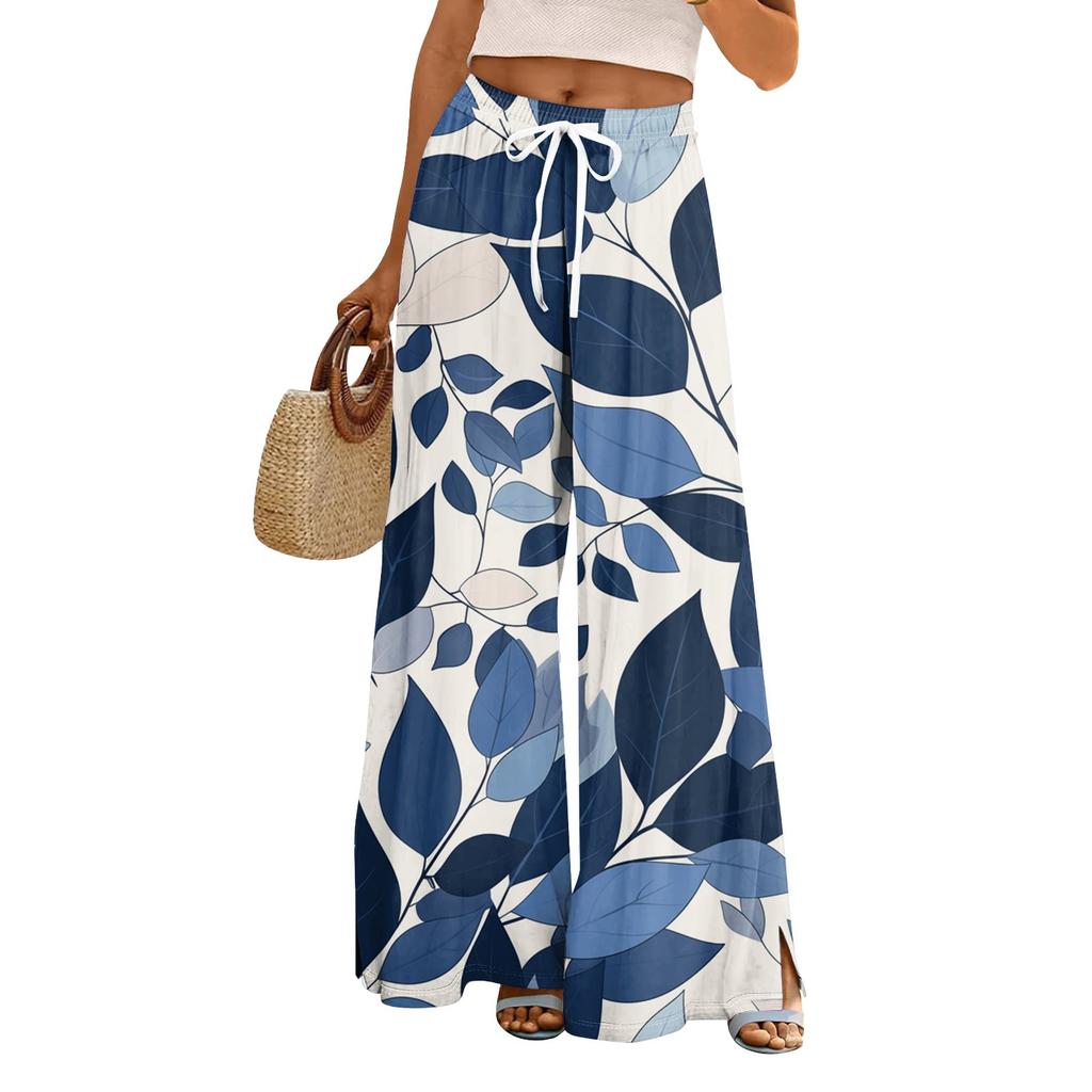 Women's Loose Casual Floral Print Wide Leg Pants With Elastic Waist Drawstring And Pocket Pants