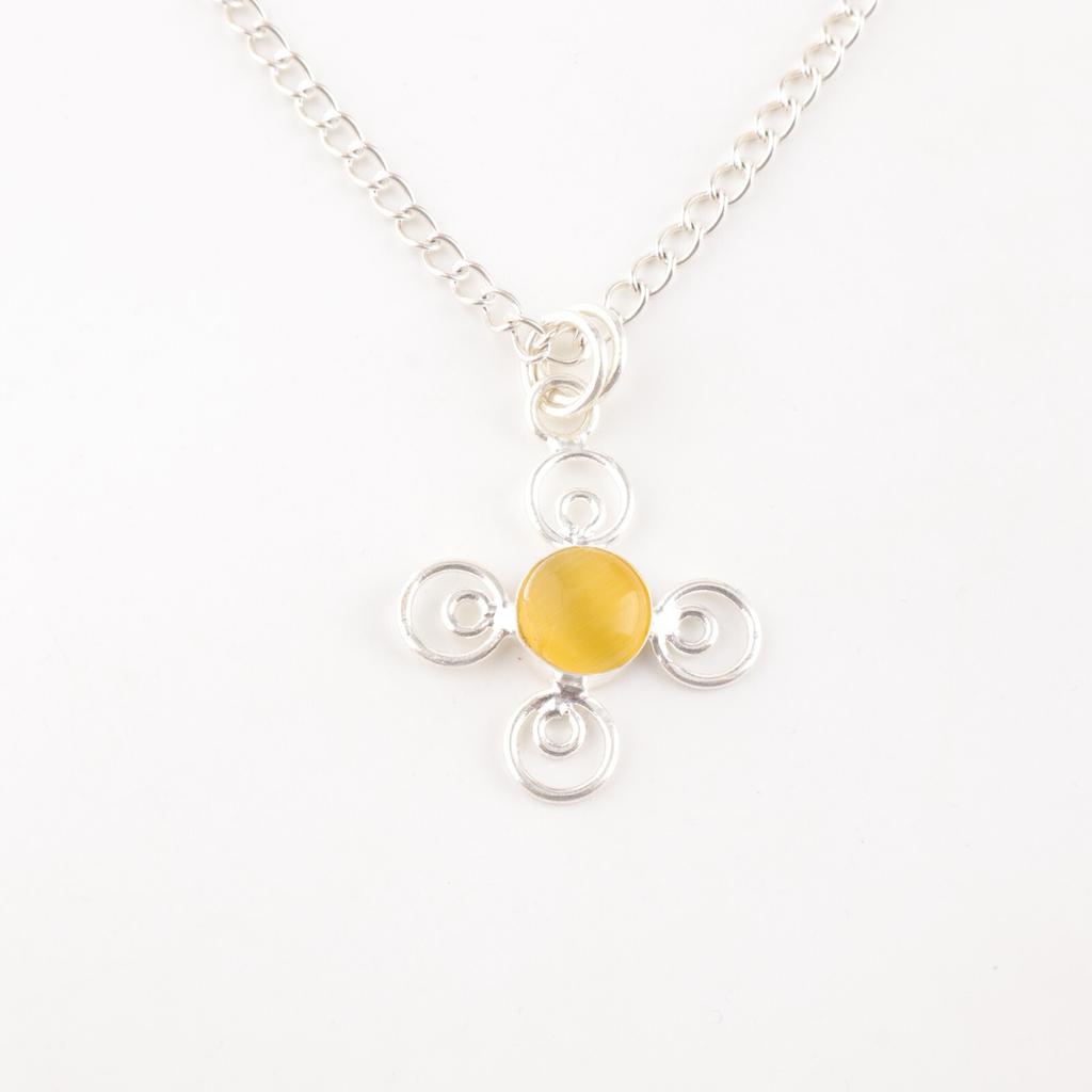 Yellow Cat's Eye Gemstone 925 Sterling Silver Jewelry Handmade Pendant For Girls PP-41-48