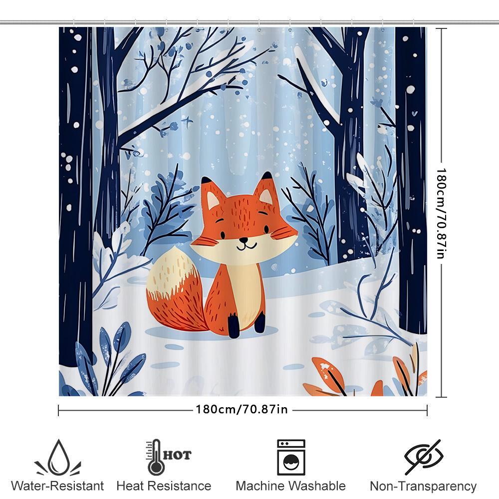 Charming Winter Fox Shower Curtain For Kids - Cute Animal Design Waterproof Bath Decor With Ring Waterproof Durable Easy-Clean