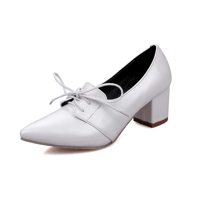 Мода 2025 ГОРЯЧИЕ Женские Туфли Лодочки с Острым Носком Кожаные На Шнуровке Женские Квадратный Высокий Каблук Zapatos Mujer Большой Размер 31-45 Черный Белый Розовый