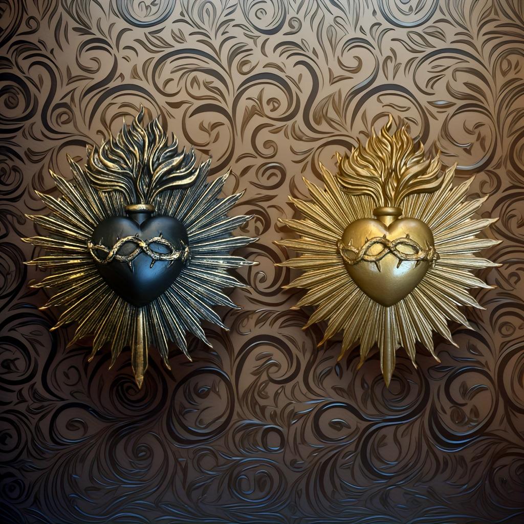 1 шт. Готическая настенная табличка «Священное Сердце» - Религиозный декор для дома с золотыми лучами, Резиновая католическая настенная подвеска - Богато украшенное украшение для часовни