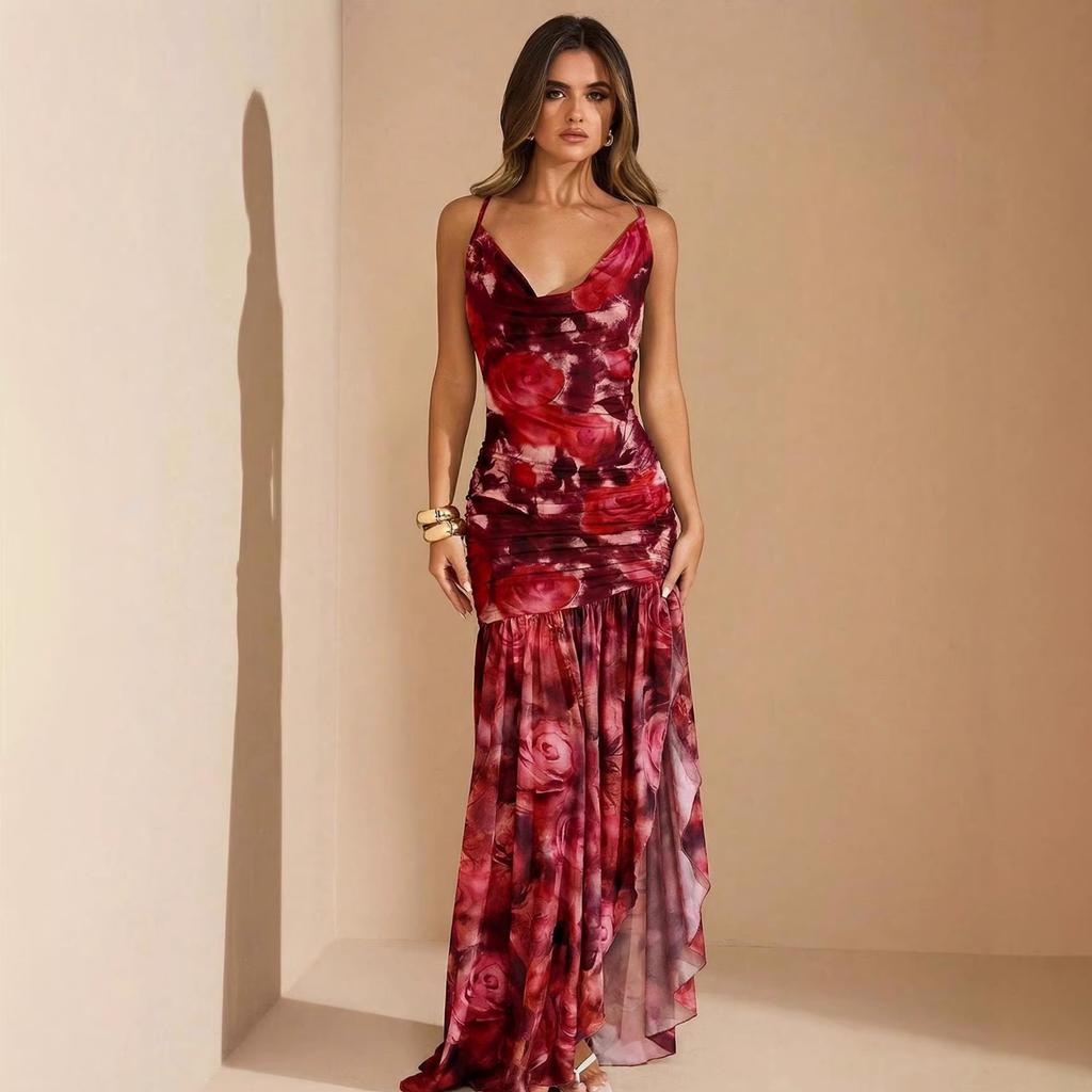 Fashion summer new sleeveless suspender v-neck printed dress sexy waist pleated dress