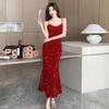 Women French Sexy Suspender Sequins Velvet Dress Red Black Party Dresses Evening Elegant Long Dresses