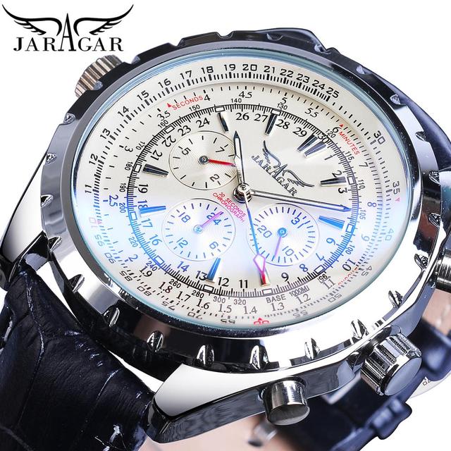Jaragar Blue Glass Design Черные Серебряные автоматические часы из нержавеющей стали Часы с датой Светящиеся мужские деловые механические наручные часы