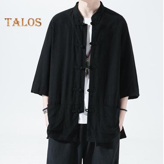 Мужская рубашка в китайском стиле, свободная рубашка в стиле ретро на пуговицах с карманами, хлопковая льняная дышащая летняя рубашка для уличных вечеринок и путешествий