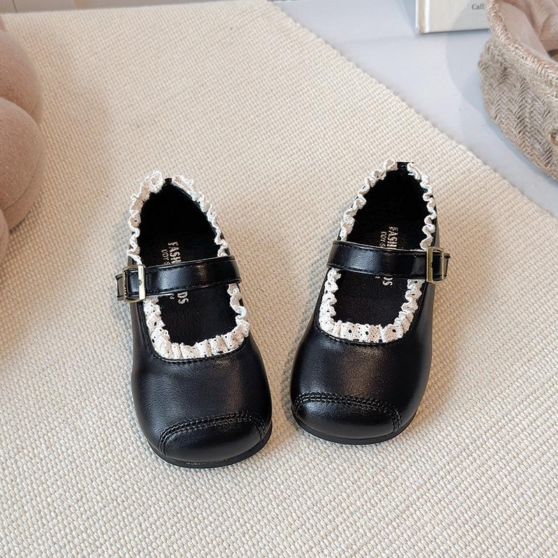 Весна 2026 Детские кожаные туфли Мэри Джейн с кружевной отделкой - Нескользящие, Мягкая подошва, Туфли для маленьких принцесс