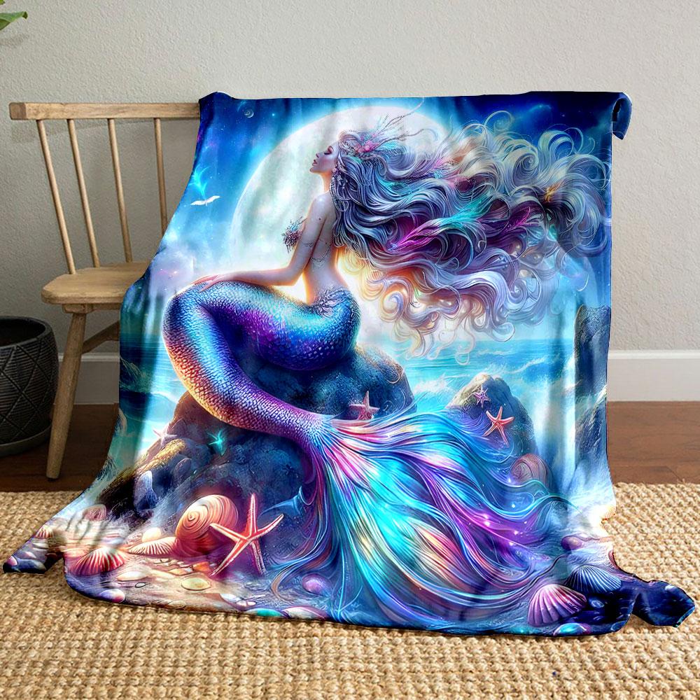 Mermaid Moonlit Seascape Blanket bedroom Blanket for Livingroom Couch lunch break Soft throw for Friend's festival Gift