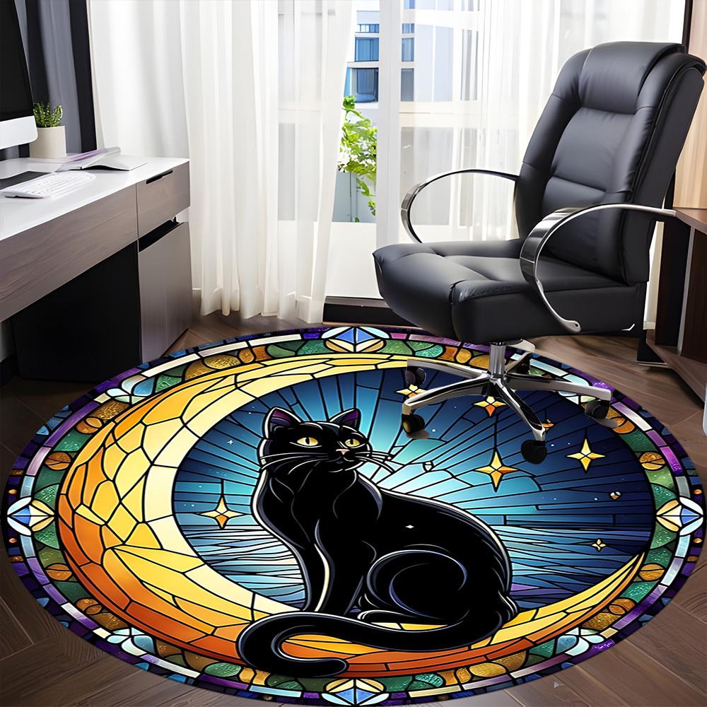 1pc Stained Glass Cat Office Round Area Rug,  Mat Suitable For Office, Under Office Chairs Bedroom Living Room Home Decor, Room Deco