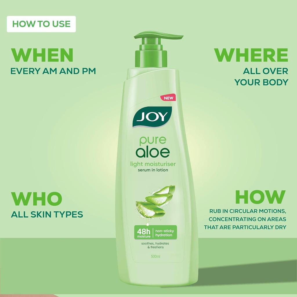 JOY Pure Aloe Light Moisturizing Body Lotion 500ml For Men & Women 48Hr Hydration Non-Greasy Summer Skincare
