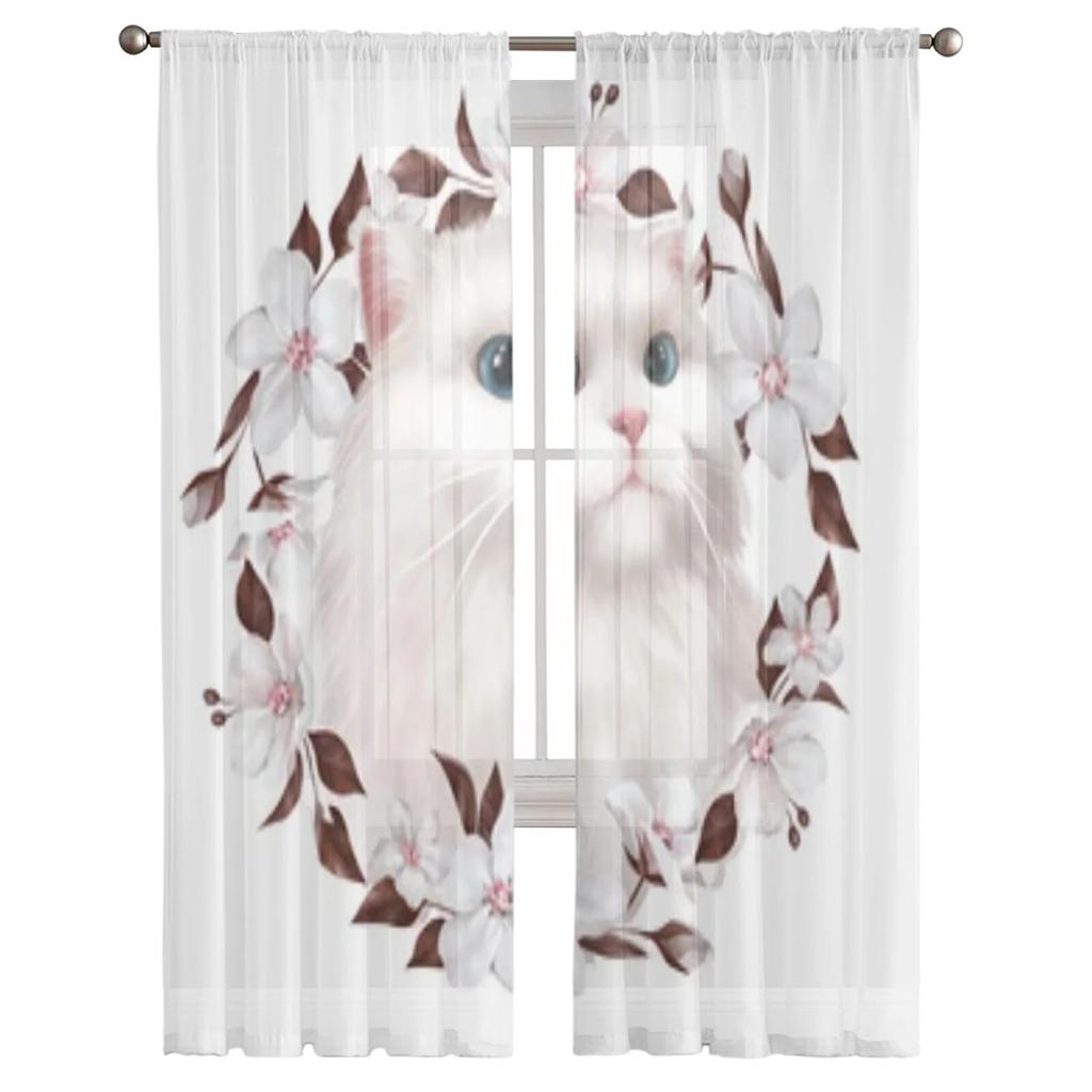 Милый белый кот венок из цветов прозрачные шторы для окна гостиной прозрачная вуаль тюль занавески для спальни домашний декор
