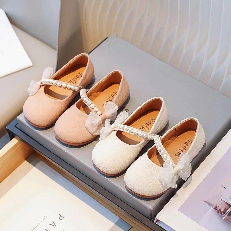 Girl Princess Leather Shoes Chic Versatile Soft Elegant Fashion Lace Bowknot Beading Kid Loafers Wedding Slip-on Mary Janes