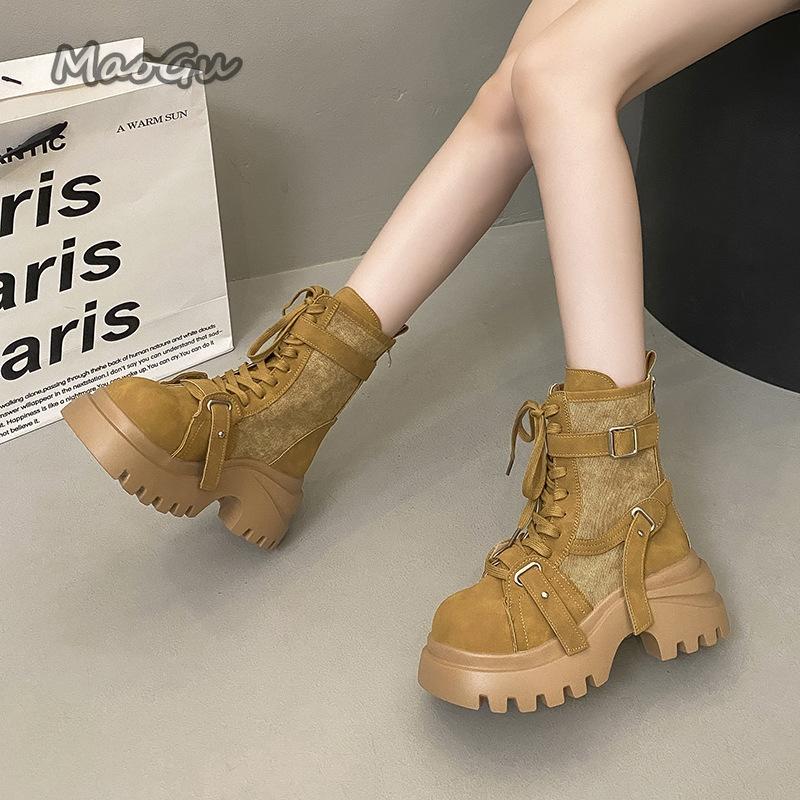 Мода 2025 Новые Осенние Женские Ботильоны на Платформе Увеличивающие Рост Ботильоны для Женщин Размер 35-40 Нескользящие Удобные Ботильоны