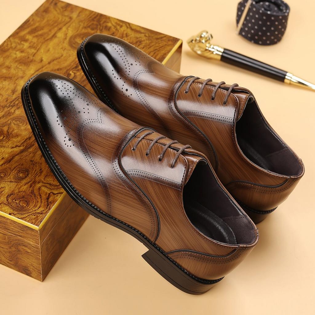 imitation wood grain, fashionable Japanese square head leather shoes, new men's leather shoes, spot fast delivery