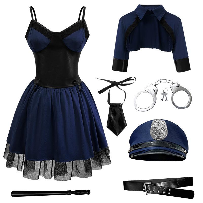 Sexy Halloween Blue Lace mesh Cosplay Costume Kit-Polyester TV/Movie Style Dress Hat Belt Set