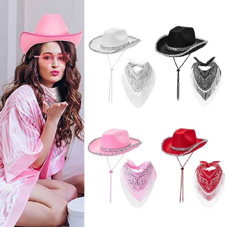 Blingbling Cowgirl Hat and Scarf Sequined Brim Hat and Tasseled Scarf