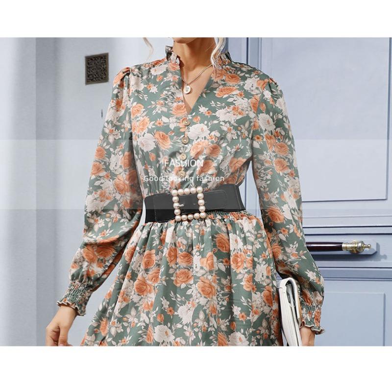 VEZFAA Женская мода весна осень цветочный узор принт с длинным рукавом V-образным вырезом с высокой талией повседневные платья