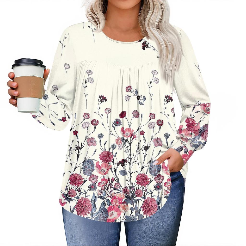Womens Plus Size Tops Long Sleeve Shirts Round Neck Flowy Tunic Casual Loose Blouse L-5X