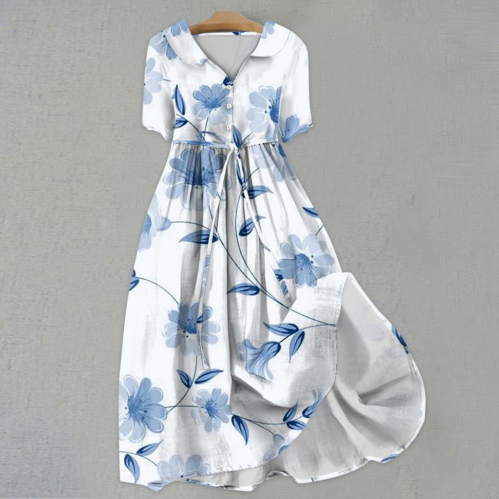 Женская мода повседневное платье с воротником с лацканами и короткими рукавами с принтом и ремнями