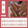 24PCS Pink Almond Press On Nails, 3D Carved Flower & Ripple French Fake Nails with Gold Pearls