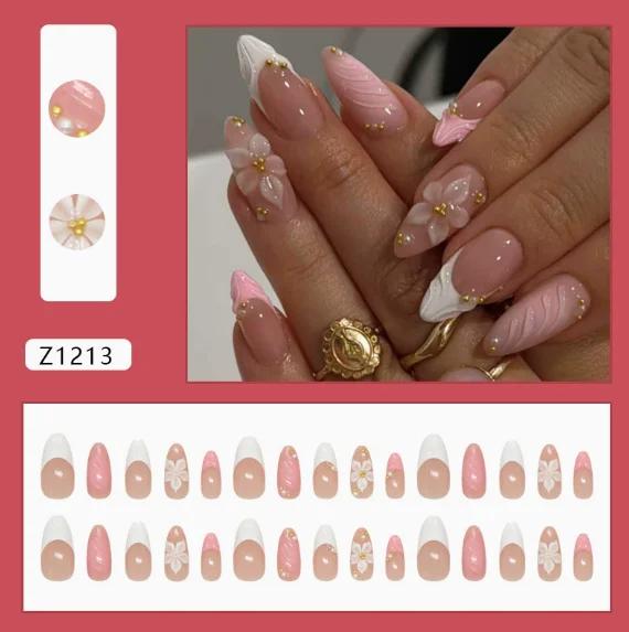 24PCS Pink Almond Press On Nails, 3D Carved Flower & Ripple French Fake Nails with Gold Pearls
