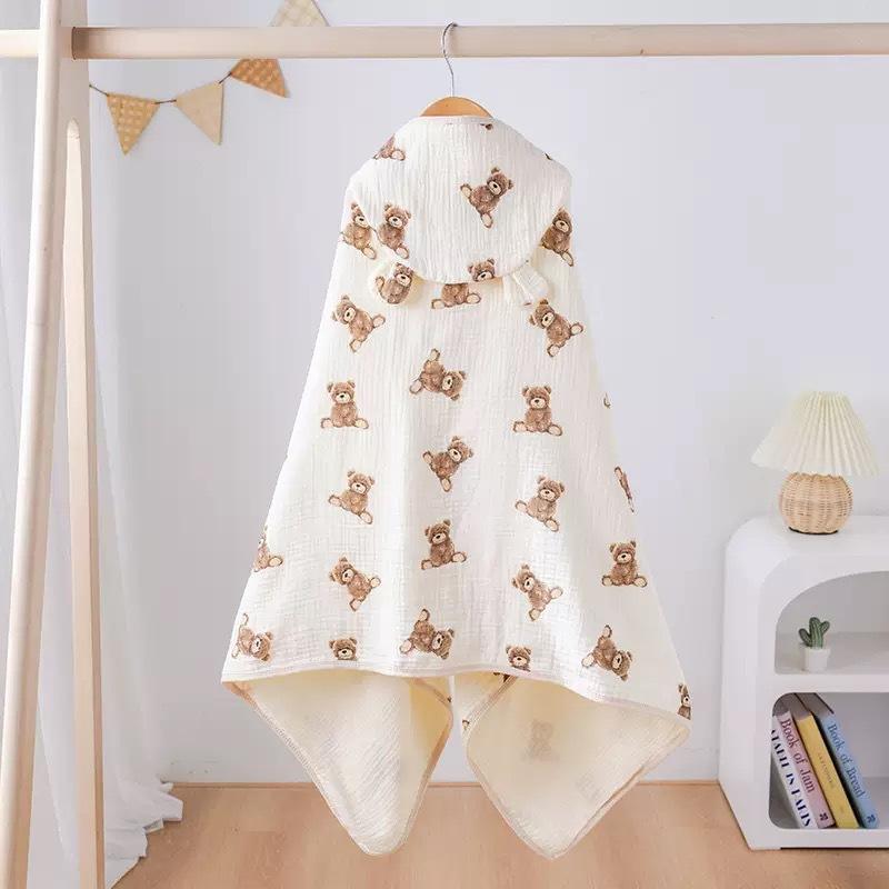 Spring Summer Baby Hooded Cloak Bath Towel Four Layers Crepe Children Hooded Gauze Wear Cotton Cloak