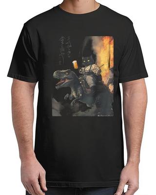 Black Cat Samurai Dinosaur Sea Wave Print T-Shirt For Unisex S-4XL