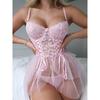 "European & American Sexy Lace Lingerie: Sheer Temptation Nightdress with Thong, Two-Piece Set"