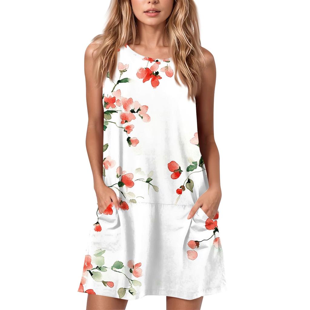 Женское летнее повседневное платье с круглым вырезом и принтом, платье без рукавов с карманами