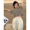 Versatile Striped Short-sleeved T-shirt for Women Ins Trendy Summer New Korean Style Design Slim Short Student Top