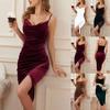 Spring Summer White Black Wine Red Women Slim Dress Split Pleated Velvet Strap Evening Dresses