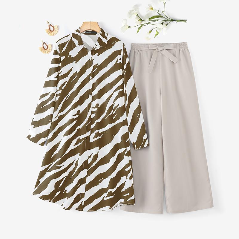 ZANZEA Женский повседневный комплект из двух предметов: длинная блузка и брюки с принтом зебры