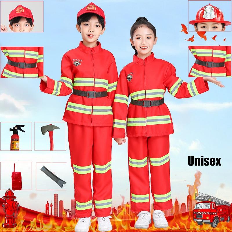 Детский костюм пожарного для переодевания, красный полиэстер, набор костюма пожарного с поясом и кепкой-уточкой