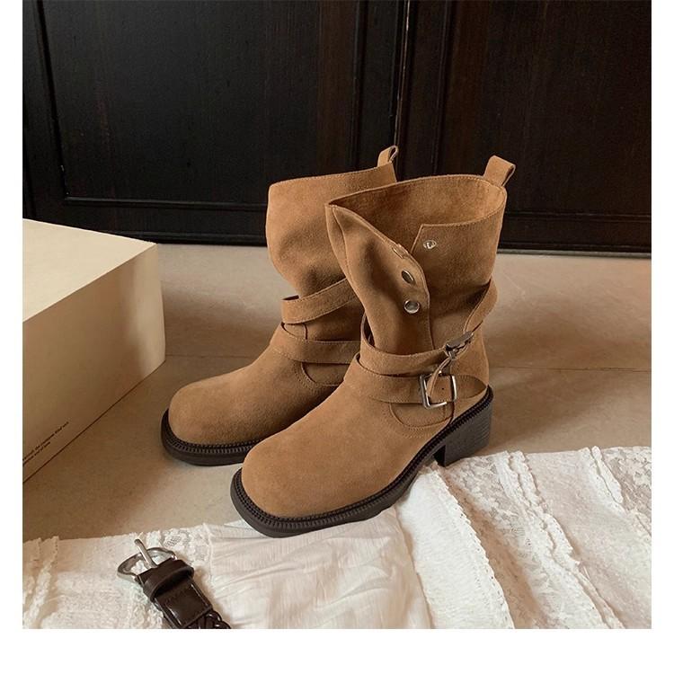 Виноградная мать того же стиля, увеличение высоты на 5,5 см~ Maillard толстый каблук толстая подошва ремешок с пряжкой коровья замша высокий каблук короткие ботинки женские