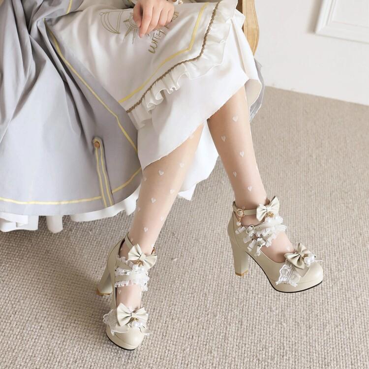 FOREADA Women Pu Leather Pumps Platform Thick High Heels Round Toe Mary Janes Bead Buckle Party Wedding Lovely Spring Autumn