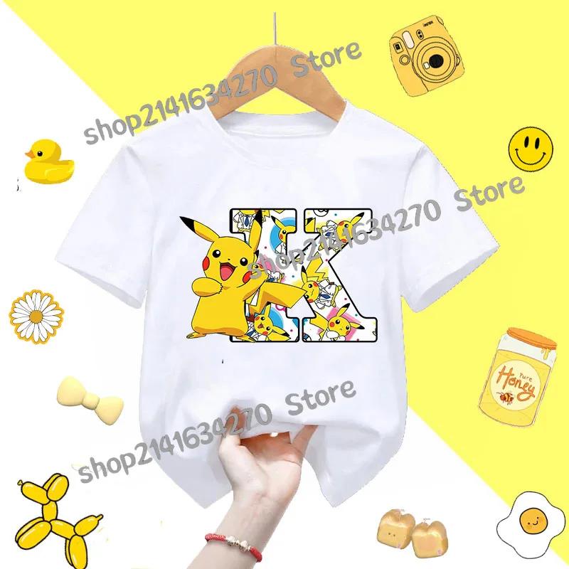 Short Sleeve Summer Tshirt Tops Cotton Tee for Pokemon Pikachu Anime AZ letters Printed Cute Clothing Children Casual Clothes