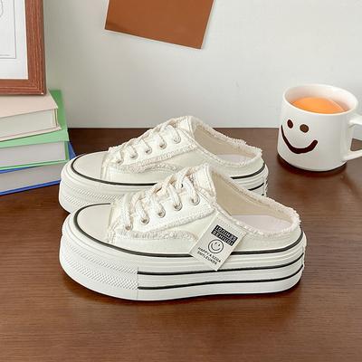 Шлепанцы с толстой подошвой и закрытым носком для женской летней обуви 2025 года, новые парусиновые туфли без каблука, универсальные ленивые полушлепанцы, тренд