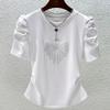 Women's 2024 Summer New Minimalist Commute Solid Color Patchwork Sequined Bow Ruched Chic Round Neck Short Sleeve T-shirts Tops