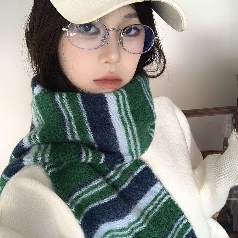 Falling Pool Women's Retro Striped Knit Scarf - Fluffy, High-End, Soft Neck Warmer for Autumn/Winter