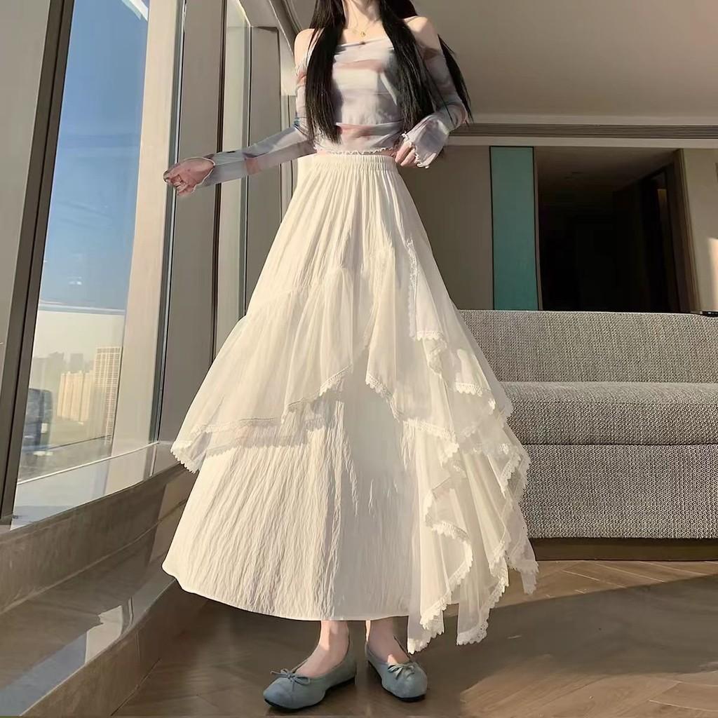 Cotton Blended Irregular Lace Maxi Skirt With Ruffle Hem For Fashion Women