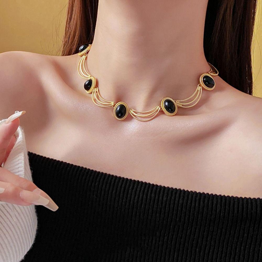 Korean Style Oval Earrings Black Gold Bridal Jewelry Sets Fashion Vintage Necklace Wedding