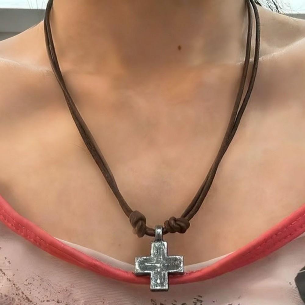 Simple Cross Pendant Necklace Handmade Craft Braided Cross Necklace Rope Leather Necklace  Gifts