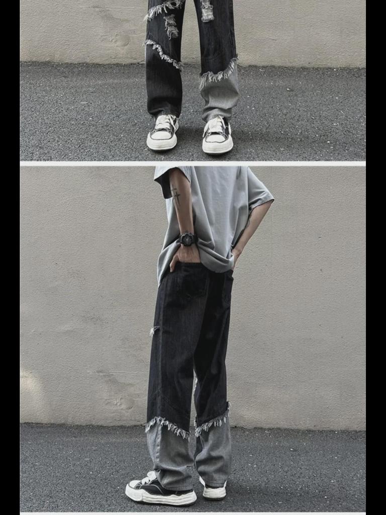 Men's Trendy Harajuku Tassel Jeans - Loose Fit, Raw Edge, Hip-Hop Style with Contrast Color Straight Pants